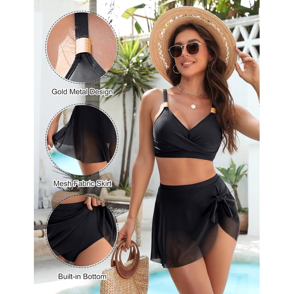 WQD Womens High Waisted Bikini Set Tummy Control Two Piece Swimsuit with Gold Metal Accent Wrap V Neck Bikini Top & Tie Side Skirt Bottom Bathing Suit