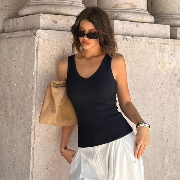 WQD 2 Pack Tank Tops for Women V Neck Ribbed Knit Slim Fitted Sleeveless Basic Tee Tanks Casual Summer Fashion Clothes