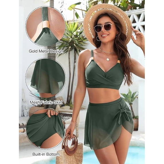 WQD Womens High Waisted Bikini Set Tummy Control Two Piece Swimsuit with Gold Metal Accent Wrap V Neck Bikini Top & Tie Side Skirt Bottom Bathing Suit