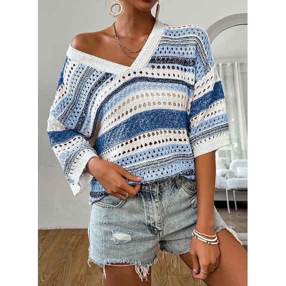 Women’s Crochet Sweater Top V Neck Cap Short Sleeve Spring Summer Knit Shirt Loose Hollow Out Striped Pullover Beach Vacation Cruise Casual Fashion Clothes