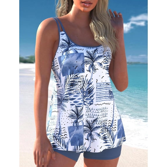 Women Two Piece Tankini Swimsuit Tummy Control Long Torso Top and High Waisted Boyshorts Bathing Suits