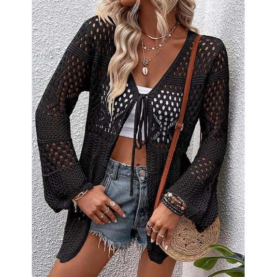 WQD Women Crochet Cardigan for Summer Spring Fall, Lightweight Oversized Tie Front Hollow Out Long Sleeves Kimono Boho Knit Beach Cover Up with Swimsuit, Bikini, Bathing Suit