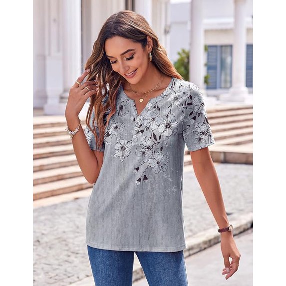 WQD Women’s Summer V Neck Blouse Short Sleeve Floral Print Top Casual Loose Fit Business Dressy Work Shirt