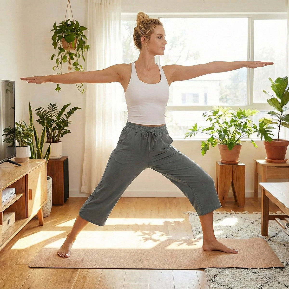 Women’s Capri Yoga Sweatpants with Pockets High Waist Drawstring Flared Pants Casual Workout Lounge Flare Leggings for Summer