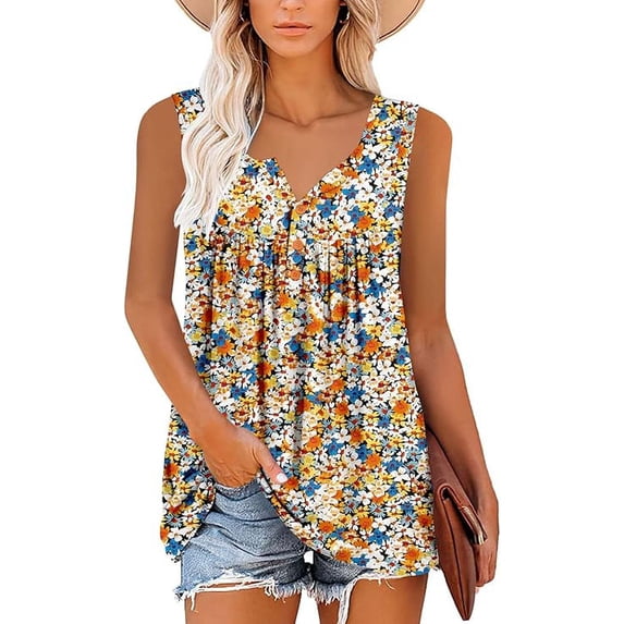 Women’s Tank Top Summer Floral Sleeveless V Neck Blouse Casual Dressy Tunic Loose Fit Lightweight Printed Shirt for Beach Vacation Daily Fashion Wear