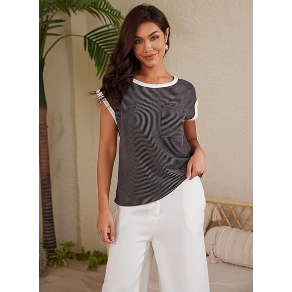 WQD Women’s Short Sleeve Crewneck T Shirt Color Block Ribbed Knit Top Casual Summer Blouse with Pocket