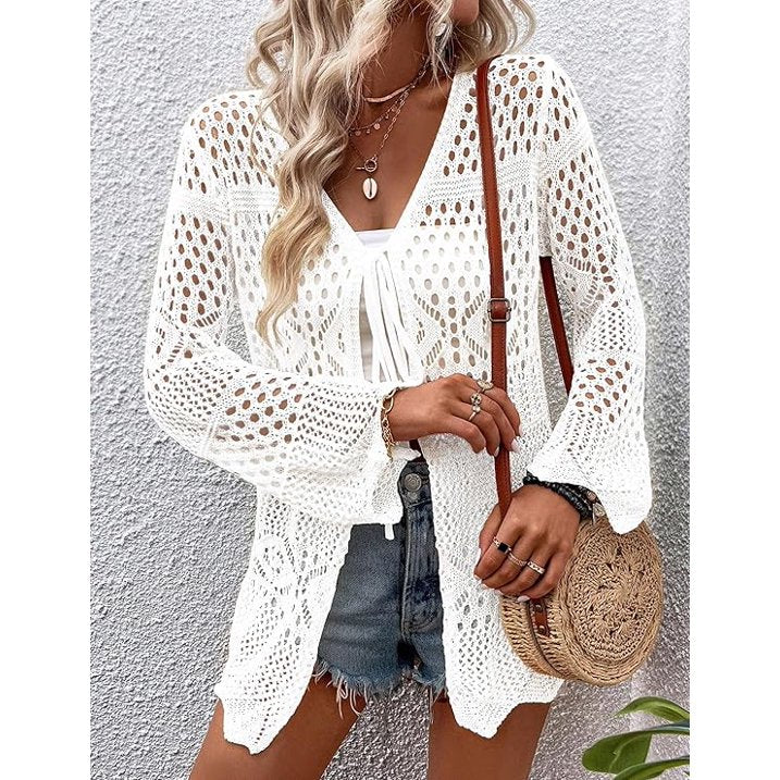 WQD Women Crochet Cardigan for Summer Spring Fall, Lightweight Oversized Tie Front Hollow Out Long Sleeves Kimono Boho Knit Beach Cover Up with Swimsuit, Bikini, Bathing Suit