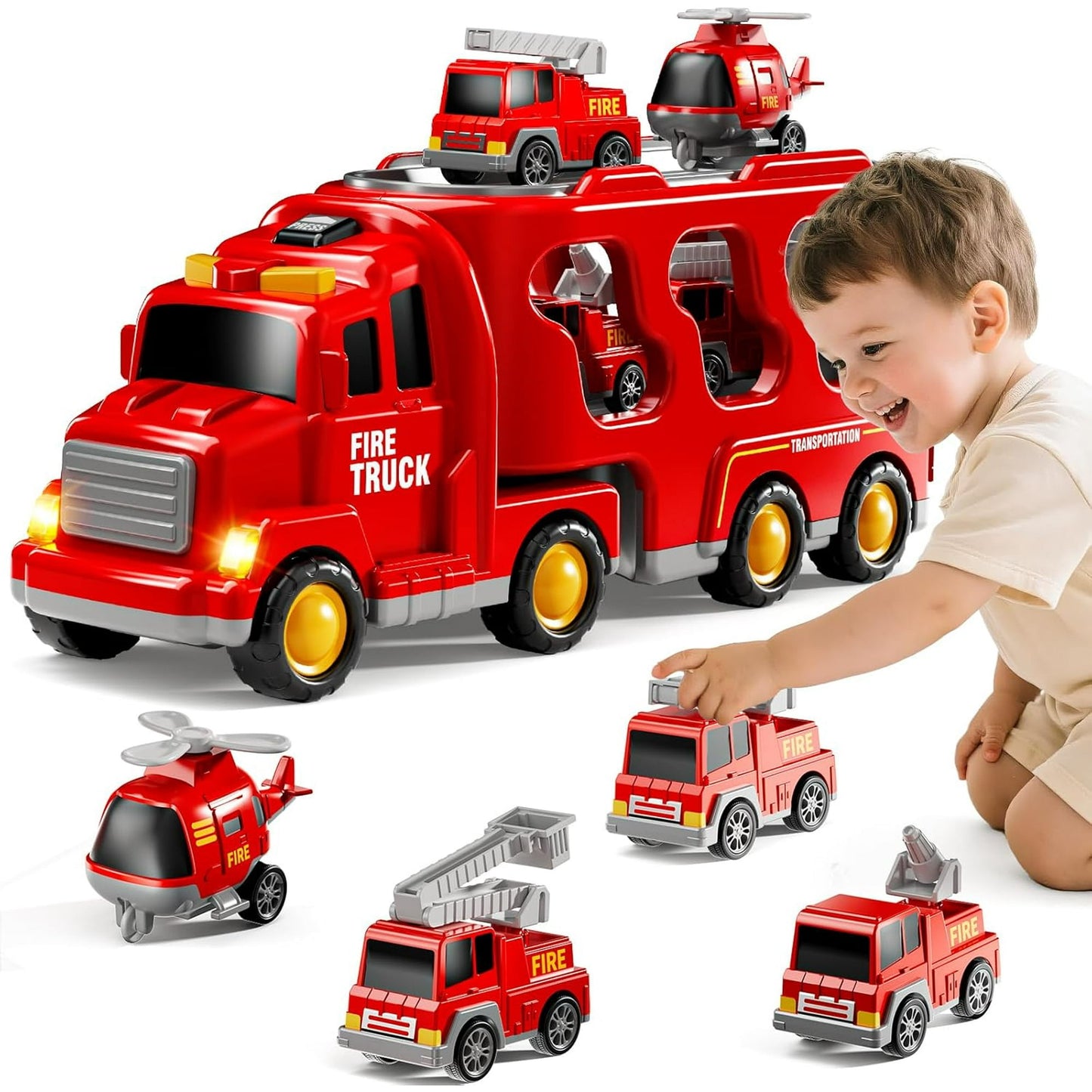 Flynow Fire Truck Car Toy for Toddler Age 3+, Toy Set with Light Sound, Christmas Birthdays Gift for Kids Boy Girl 3 4 5 6 7 8 Year Old