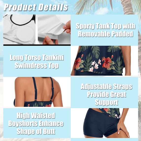 Women Two Piece Tankini Swimsuit Tummy Control Long Torso Top and High Waisted Boyshorts Bathing Suits