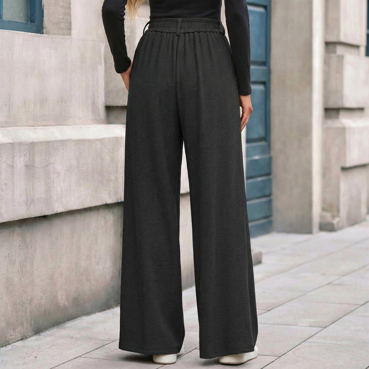 Women’s High Waisted Wide Leg Pants Casual Straight Leg Trousers with Front Pleats Elastic Back Waist Lounge Work Pants