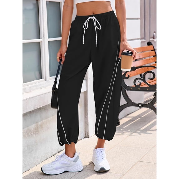 WQD Womens Workout Pants Baggy Wide Leg Pants Casual Elastic High Waist Drawstring Hiking Workout Cropped Track Loose Pants with Pockets