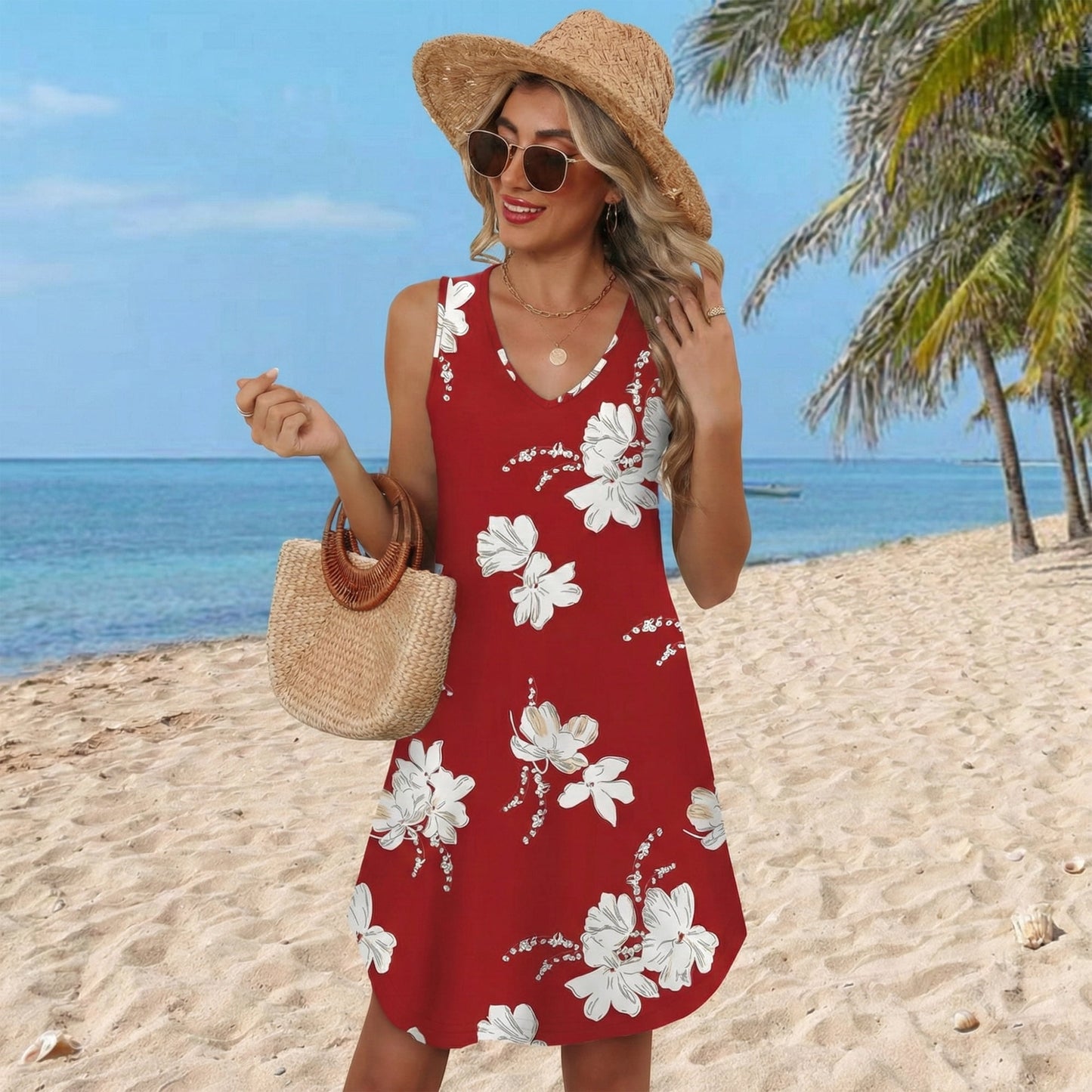 WQD Womens Summer Dresses 2026 Loose V Neck Sleeveless Sundress Casual Lightweight Beach Vacation Swimsuit Cover Up Dress