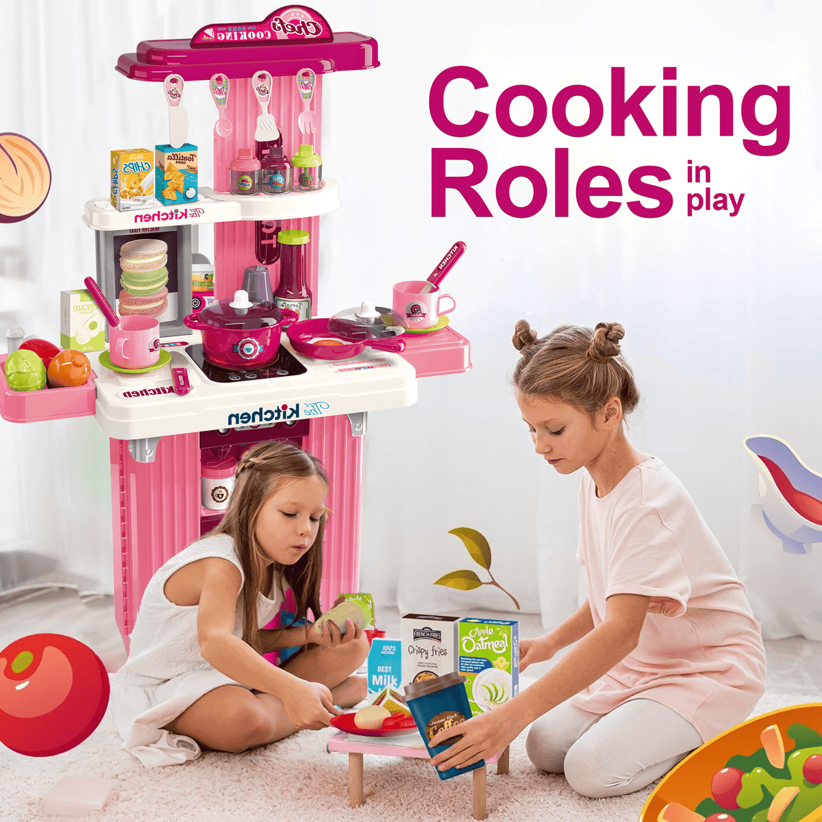 Flynow Kids Kitchen Playset Toys, Kitchenette Pretend Play for Toddler 1-3 Year Old, 42pcs Interactive Toy Accessories with Lights Sounds, Christmas Birthday Gift for Girls Age 2 4 5 6 7 8 9 10