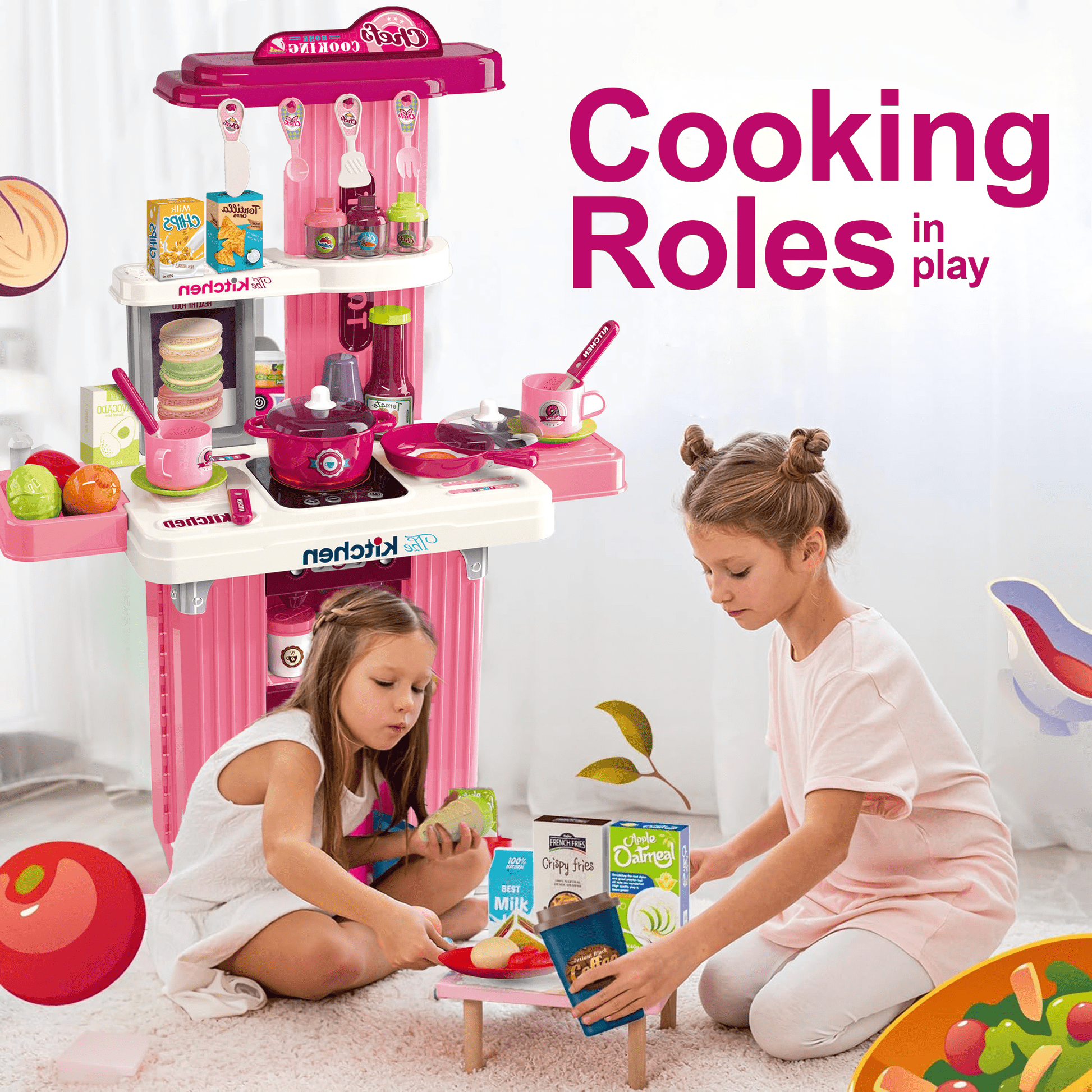 Flynow Kids Kitchen Playset Toys, Kitchenette Pretend Play for Toddler 1-3 Year Old, 42pcs Interactive Toy Accessories with Lights Sounds, Christmas Birthday Gift for Girls Age 2 4 5 6 7 8 9 10
