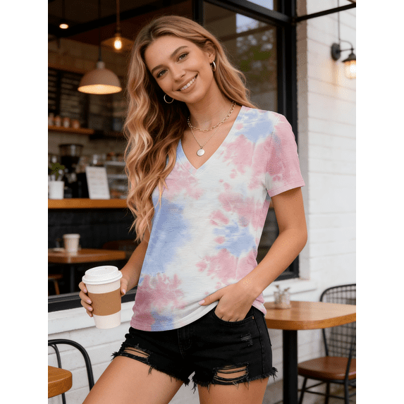 WQD Womens Short Sleeve V Neck T Shirts Casual Tie Dye Tops Loose Fit Basic Summer Tee Trendy Printed Blouse
