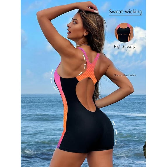 Women's Athletic One Piece Swimsuit Tummy Control Boyleg Racerback Sport Swimwear Color Block Bathing Suit for Lap Swimming Pool