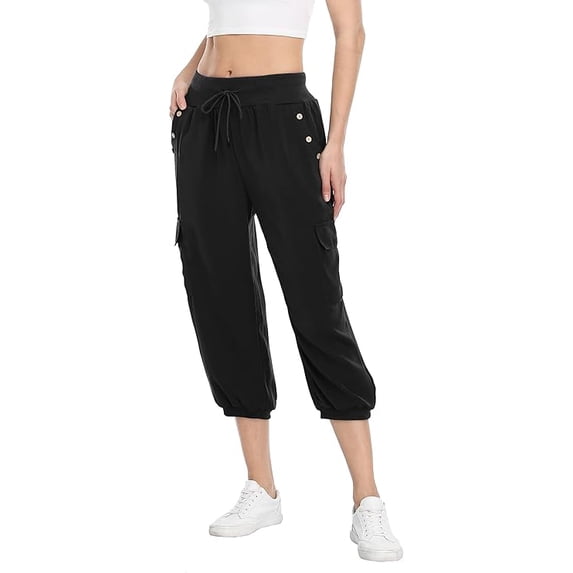 Womens Cargo Capris Travel High Waist Drawstring Workout Pants Button Decor Summer Loose Harem Sweatpants Stylish Soft Casual Work Pants with Pockets