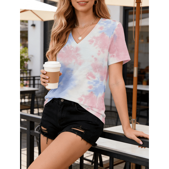 WQD Womens Short Sleeve V Neck T Shirts Casual Tie Dye Tops Loose Fit Basic Summer Tee Trendy Printed Blouse