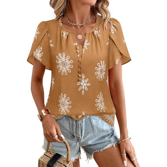 Womens Summer Boho Blouse Short Sleeve Button Down Floral Top Casual Business Work Shirt Fashion Beach Vacation Tops