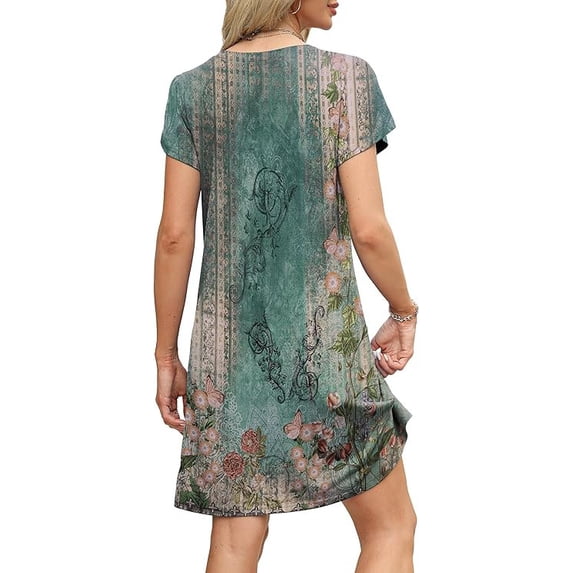 Women’s Summer Sundress with Pockets Short Sleeve V Neck Swing Midi Dress Casual Loose Fit Vacation Beach Dress