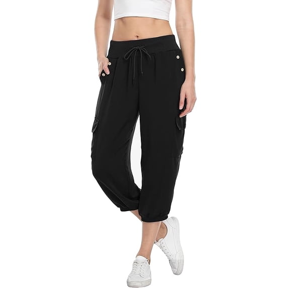 Womens Cargo Capris Travel High Waist Drawstring Workout Pants Button Decor Summer Loose Harem Sweatpants Stylish Soft Casual Work Pants with Pockets