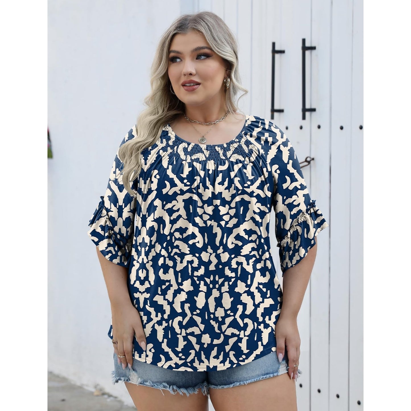 WQD Womens Plus Size Tunic Top 3/4 Ruffle Sleeve Crewneck Pleated Blouse Dressy Casual