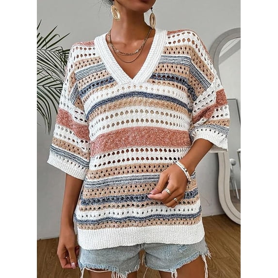 Women’s Crochet Sweater Top V Neck Cap Short Sleeve Spring Summer Knit Shirt Loose Hollow Out Striped Pullover Beach Vacation Cruise Casual Fashion Clothes