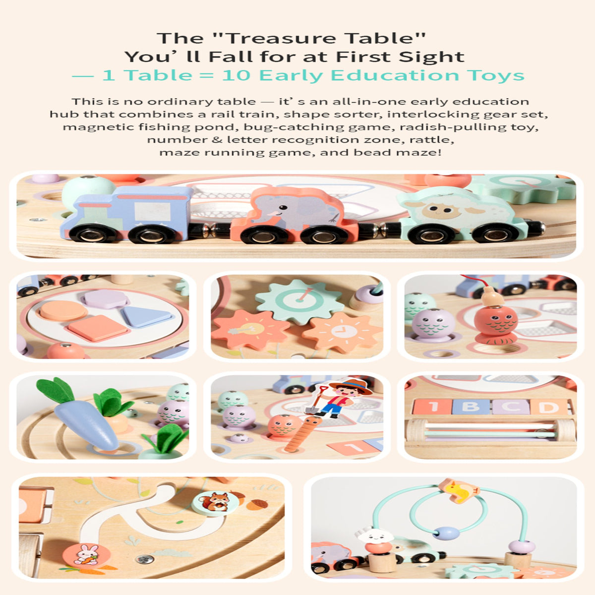 Flynow Baby Busy Board Toys 10-in-1 Wooden Sensory Activity Table, Montessori Toddler Toy Shape Sorter, Fishing, Bead Maze & Train Track, Educational Learning Birthday Gift for 1+ Year Old Boys Girls