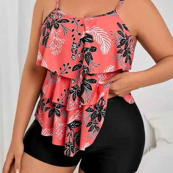 Plus Size Tankini Swimsuits for Women Tummy Control 2 Piece Bathing Suit Ruffle Flounce Swim Top with Boyshorts Modest Floral Swimwear