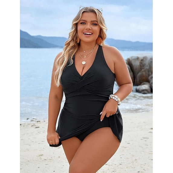 Women Plus Size Swimsuit One Piece Swim Dress Tummy Control Bathing Suits Criss Cross Modest Swimwear