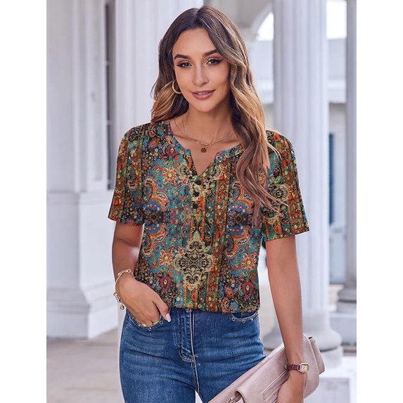 WQD Women’s Summer V Neck Blouse Short Sleeve Floral Print Top Casual Loose Fit Business Dressy Work Shirt