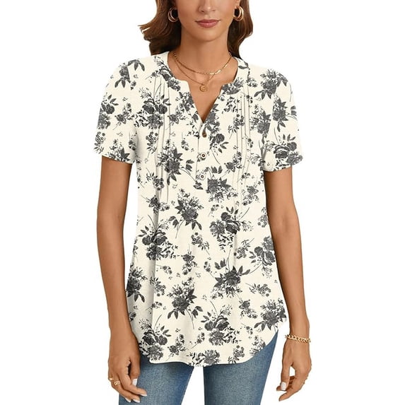 Women’s Summer Floral Tops Short Sleeve Henley Shirt Button Down Casual Loose Fit Lightweight Tunic Blouse for Daily Wear(Available in Plus Size)