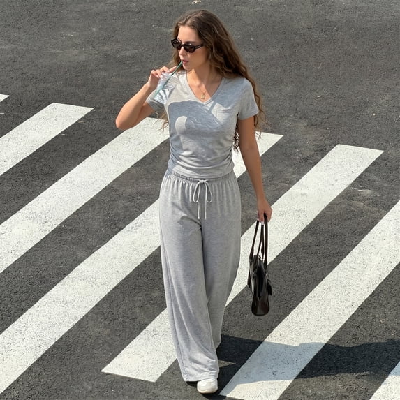 WQD Womens 2 Piece Set Outfits Lounge Sets Ruched Short Sleeve Tops High Waisted Wide Leg Pants Tracksuit Sets