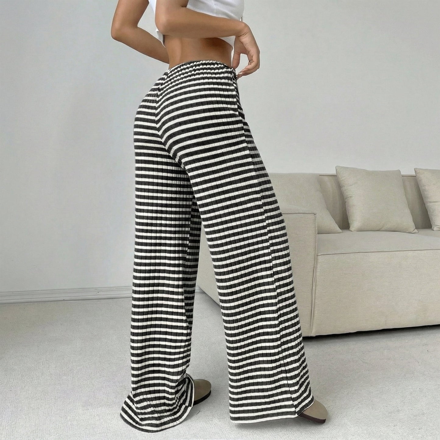 Women’s Wide Leg Palazzo Pants High Waisted Striped Knit Lounge Pants Elastic Waist Drawstring Casual Pajama Trousers