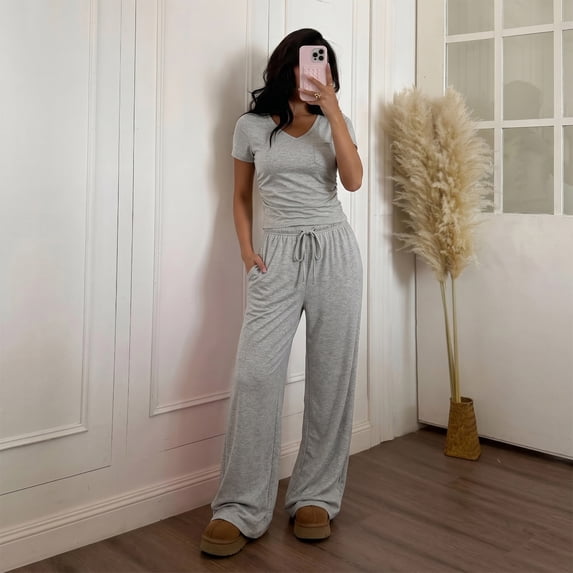WQD Womens 2 Piece Set Outfits Lounge Sets Ruched Short Sleeve Tops High Waisted Wide Leg Pants Tracksuit Sets