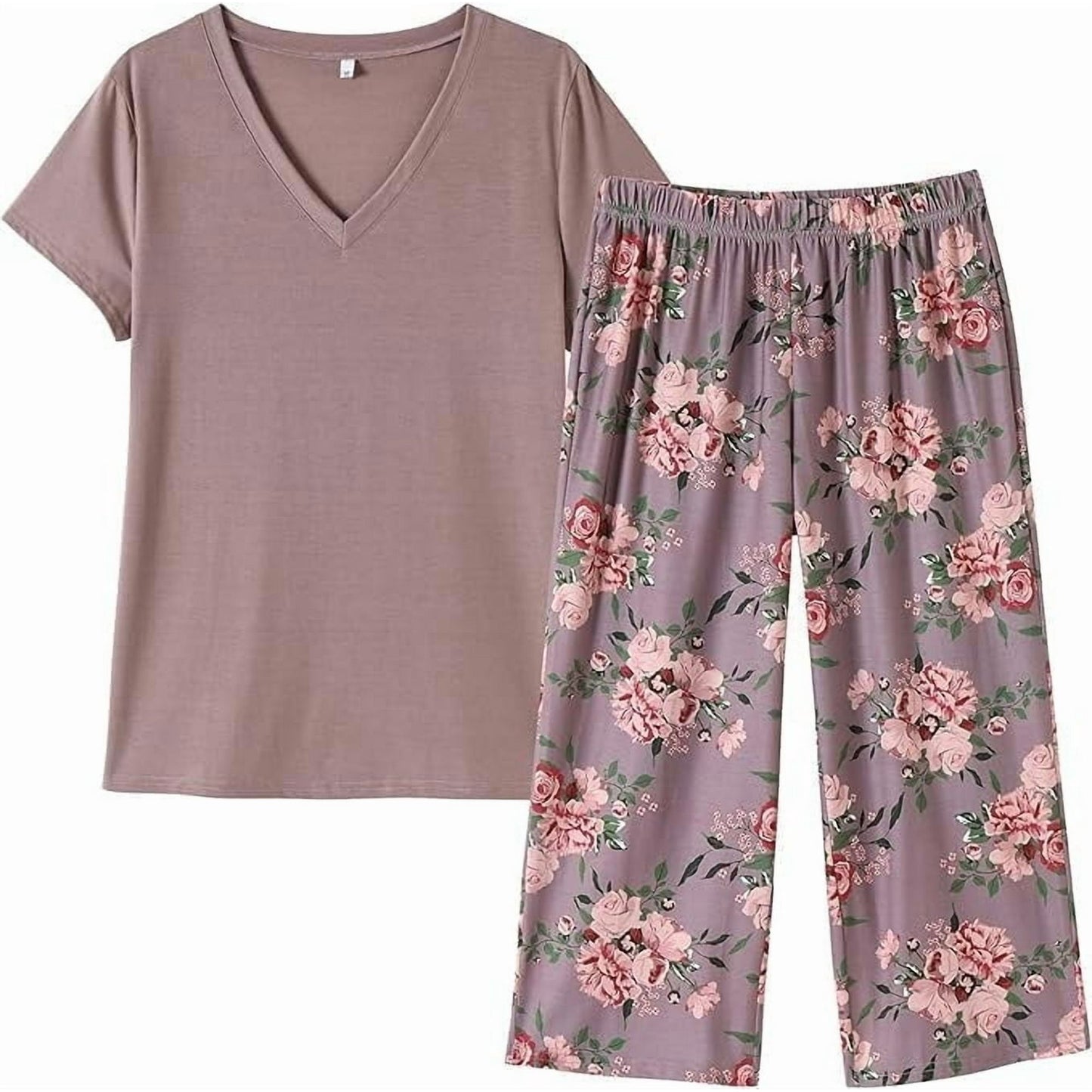 WQD Womens Pajama Sets 2 Piece Lounge Sets Soft Loungewear Comfy Pj Sets V Neck Short Sleeve Top and Capri Pants Loose Sleepwear with Pockets