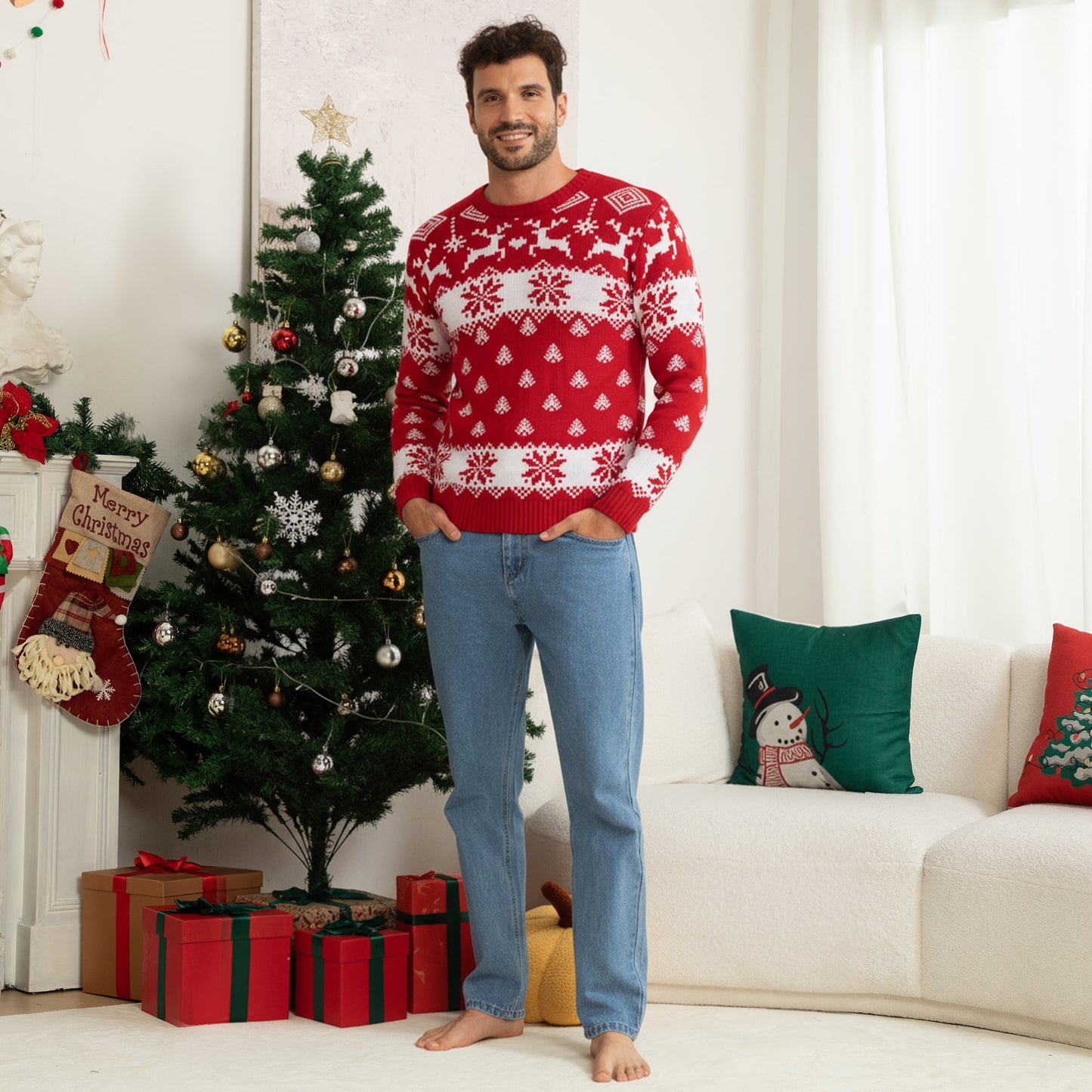 WQD Christmas Sweater Family Couples Warm Thick Casual Knitted Pullover Top Xmas Elk Snowflake Reindeer Sweatshirt for Holiday Party New Year