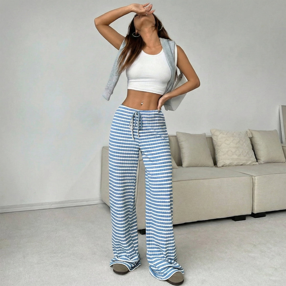 Women’s Wide Leg Palazzo Pants High Waisted Striped Knit Lounge Pants Elastic Waist Drawstring Casual Pajama Trousers