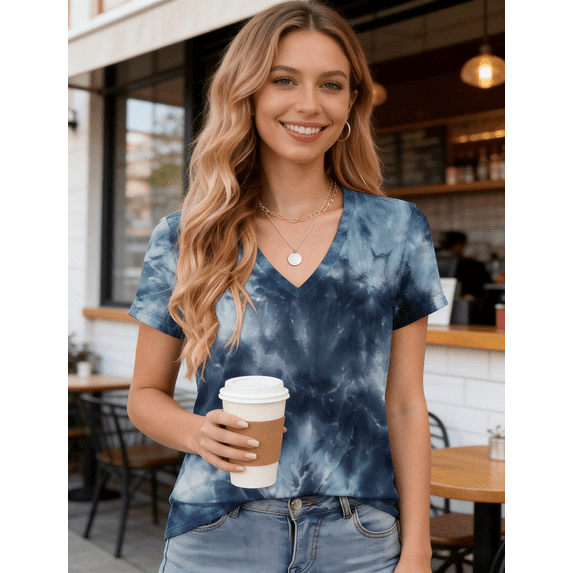 WQD Womens Short Sleeve V Neck T Shirts Casual Tie Dye Tops Loose Fit Basic Summer Tee Trendy Printed Blouse