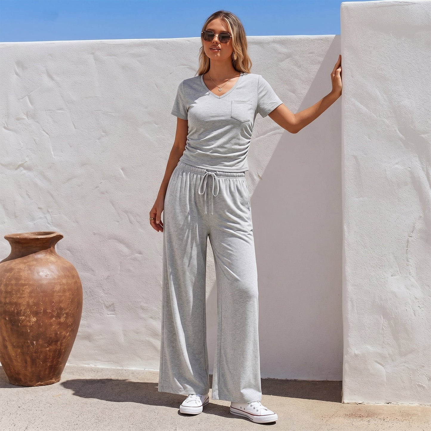 WQD Womens 2 Piece Set Outfits Lounge Sets Ruched Short Sleeve Tops High Waisted Wide Leg Pants Tracksuit Sets