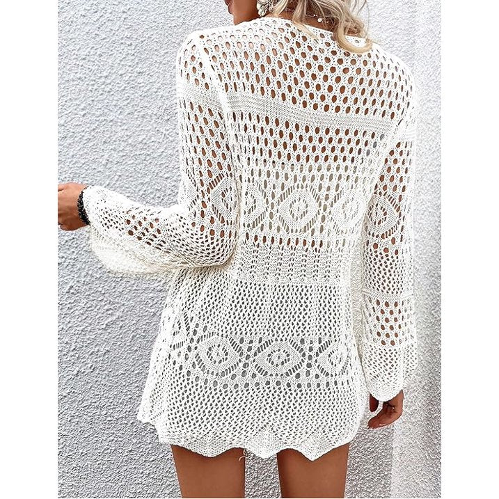 WQD Women Crochet Cardigan for Summer Spring Fall, Lightweight Oversized Tie Front Hollow Out Long Sleeves Kimono Boho Knit Beach Cover Up with Swimsuit, Bikini, Bathing Suit