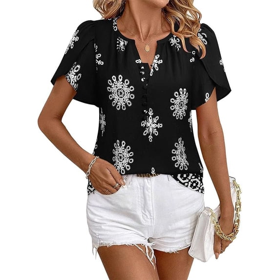 Womens Summer Boho Blouse Short Sleeve Button Down Floral Top Casual Business Work Shirt Fashion Beach Vacation Tops