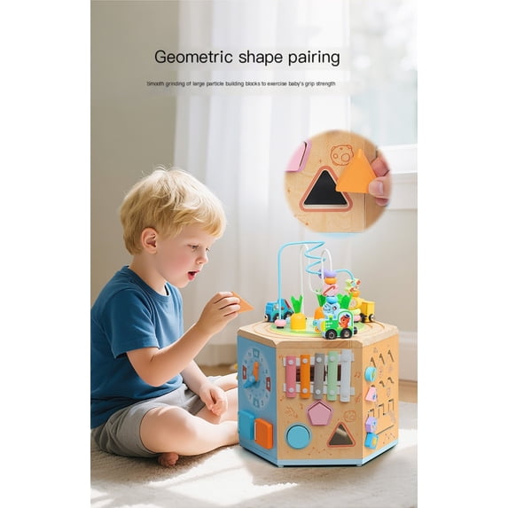 Flynow Baby Wooden Activity Table Cube for Toddlers, 14 in 1 Montessori Baby Activity Cube, Baby Play Cube Toy with Educational Features, Gift Wooden Cube Toy for Babies 6-12 Months