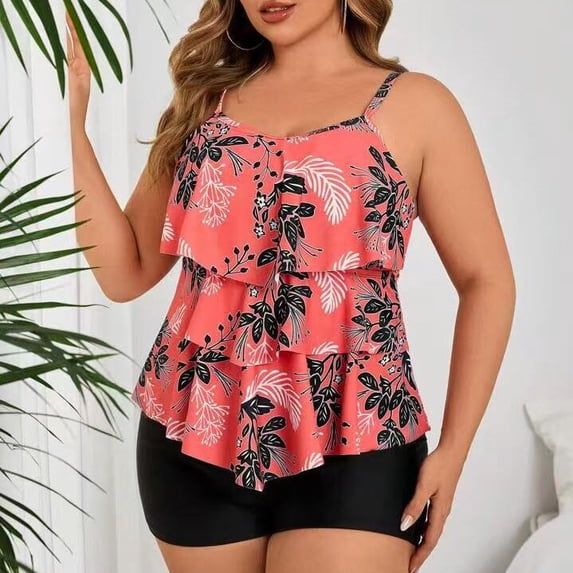 Plus Size Tankini Swimsuits for Women Tummy Control 2 Piece Bathing Suit Ruffle Flounce Swim Top with Boyshorts Modest Floral Swimwear