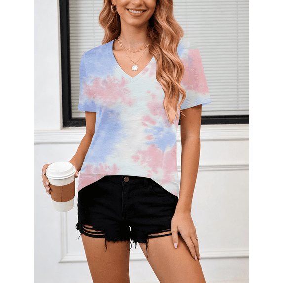 WQD Womens Short Sleeve V Neck T Shirts Casual Tie Dye Tops Loose Fit Basic Summer Tee Trendy Printed Blouse
