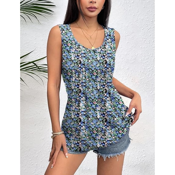 WQD Women’s Tank Top Summer Sleeveless Tops Pleated Floral Tank Shirt Crew Neck Loose Fit Casual Flowy Dressy Lightweight Tunic Blouse for Daily Fashion Wear