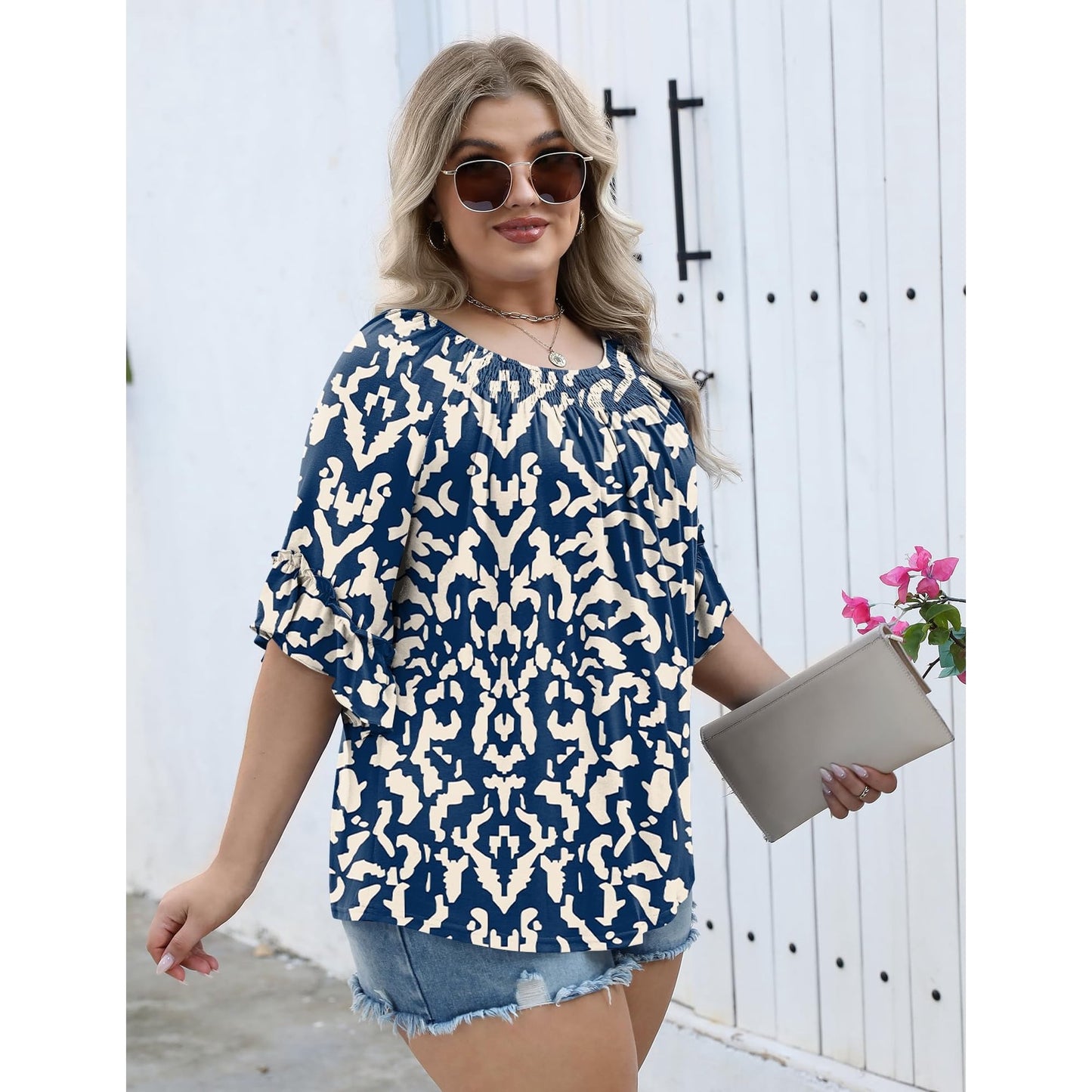 WQD Womens Plus Size Tunic Top 3/4 Ruffle Sleeve Crewneck Pleated Blouse Dressy Casual