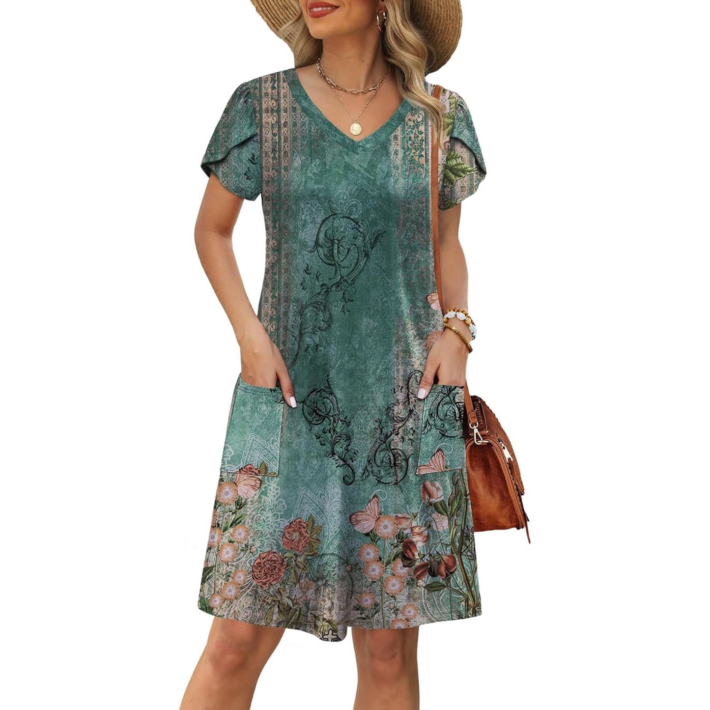 Women’s Summer Sundress with Pockets Short Sleeve V Neck Swing Midi Dress Casual Loose Fit Vacation Beach Dress