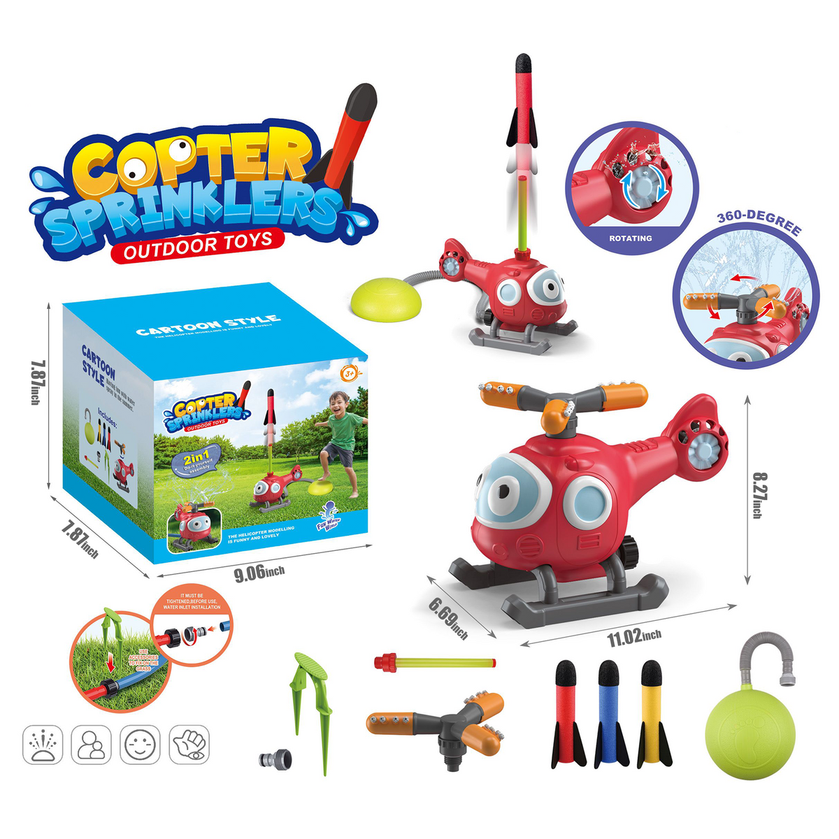 Flynow 2 in 1 Airplane Outdoor  Water Spray Toys ,Water Sprinkler Summer Toy Rocket Launcher Set for Kids Ages 3-12,  for Lawn Backyard Garden, Gift for Toddler Boy Girl 3 4 5 6 7 8 9 10 Years Old
