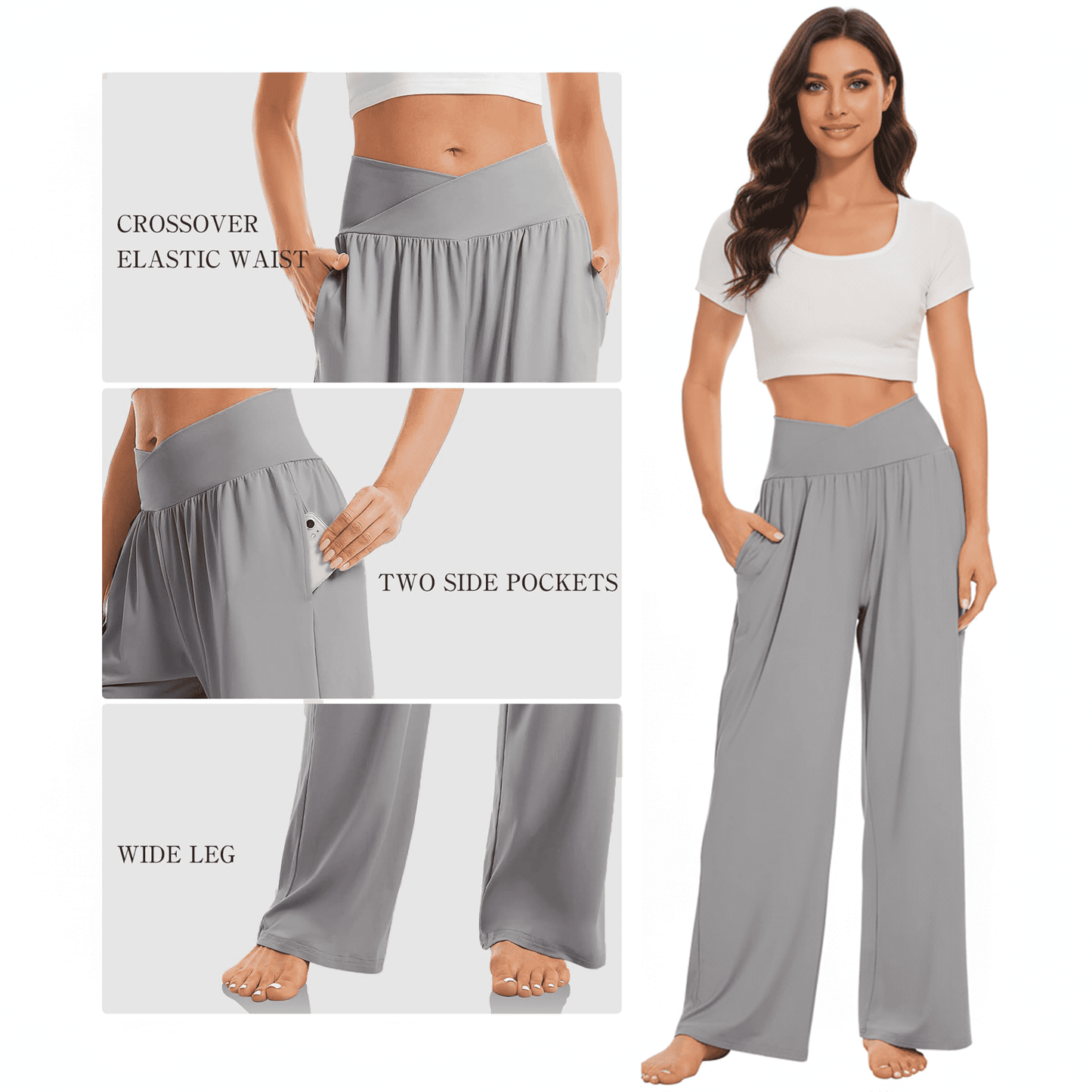 WQD Women’s Sweatpants Wide Leg Lounge Pants Crossover High Waist Yoga Pants with Pockets Comfy Loose Fit Flowy Casual Pajama Pants